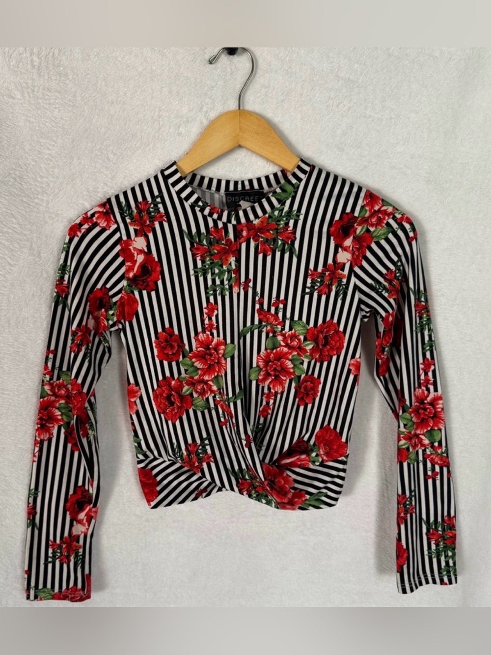 Discreet Black & White Striped Long Sleeve Top with Red Floral Print